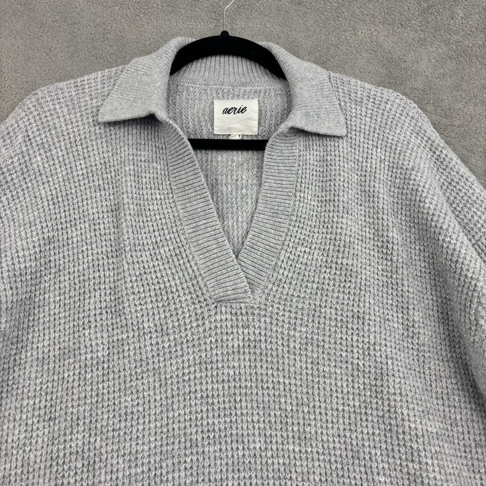Aerie CozyUp Waffle Knit Polo Sweater‎ Womens XS Gray Relaxed Lagenlook Beachy - Picture 3 of 15